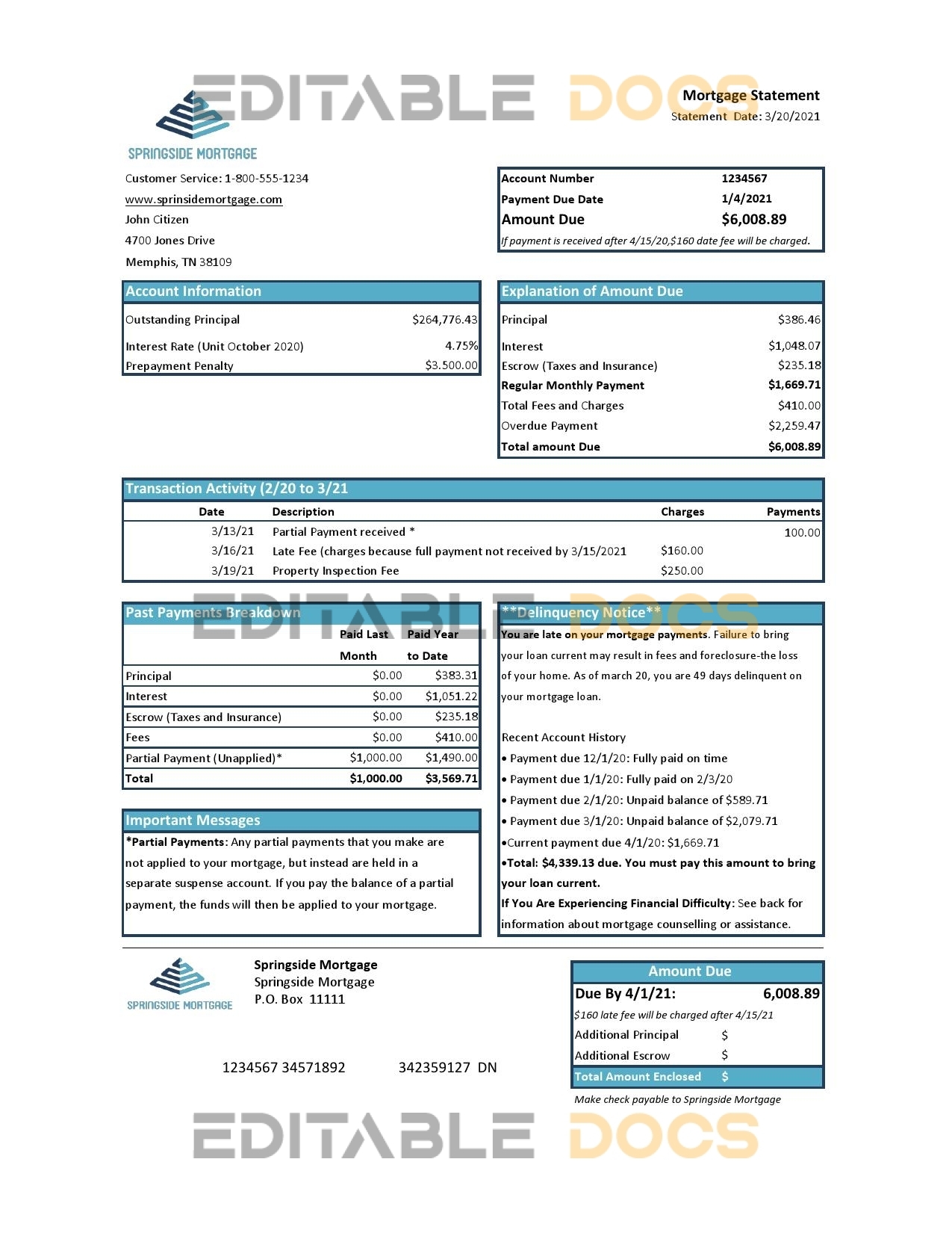 USA Springside Mortgage bank statement template in Excel and PDF format