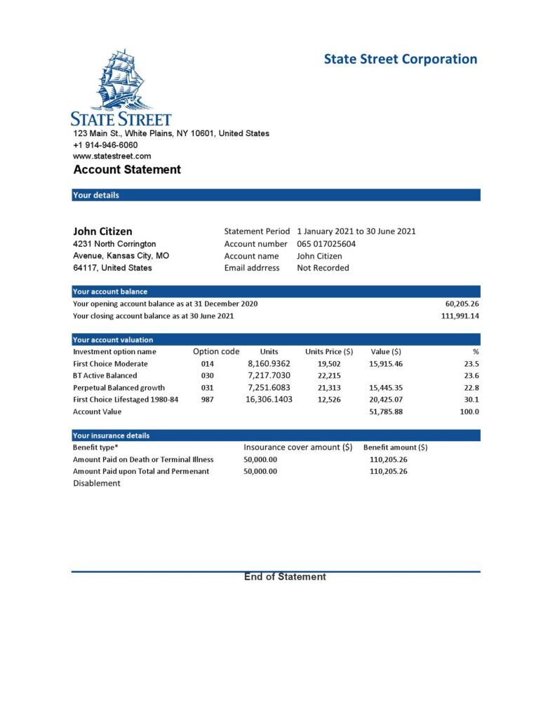 USA State Street Corporation bank statement template in Excel and PDF format