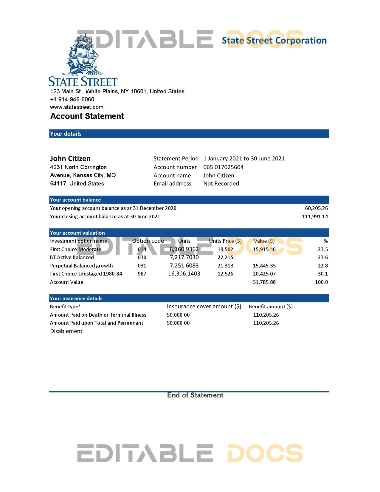 USA State Street Corporation bank statement template in Excel and PDF format
