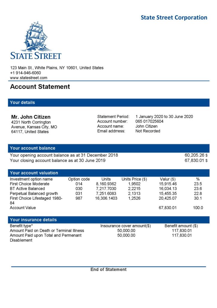 USA State Street Corporation bank statement template in Word and PDF format