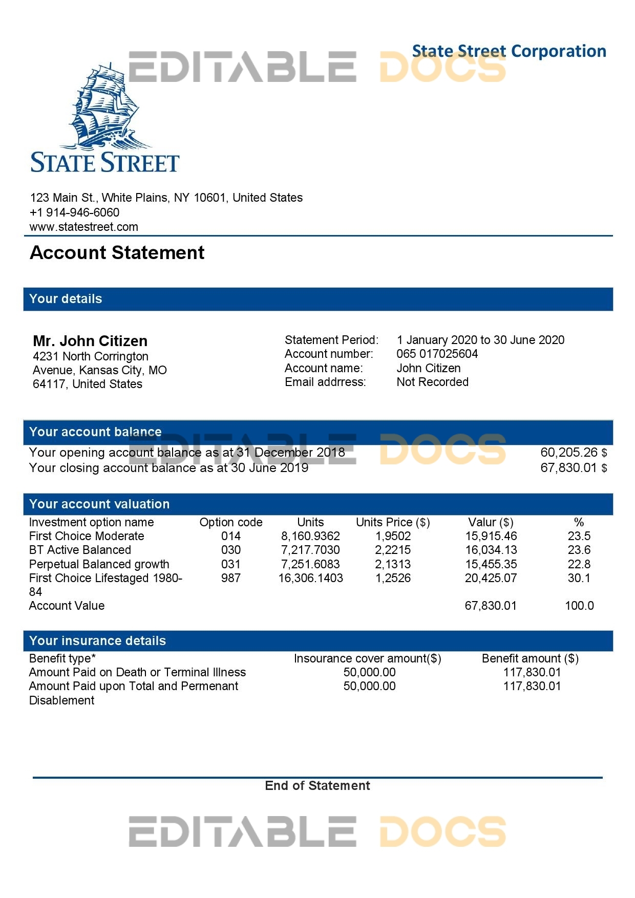 USA State Street Corporation bank statement template in Word and PDF format