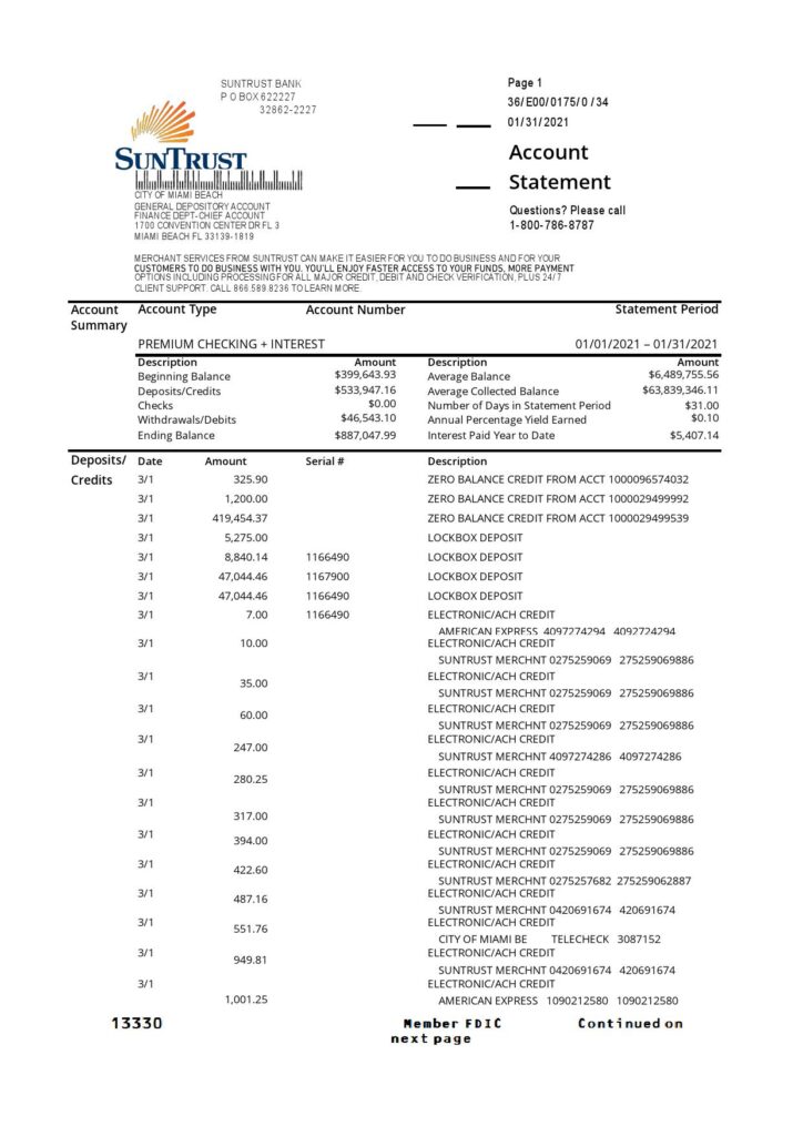 USA SunTrust bank proof of address statement template in .xls and .pdf format