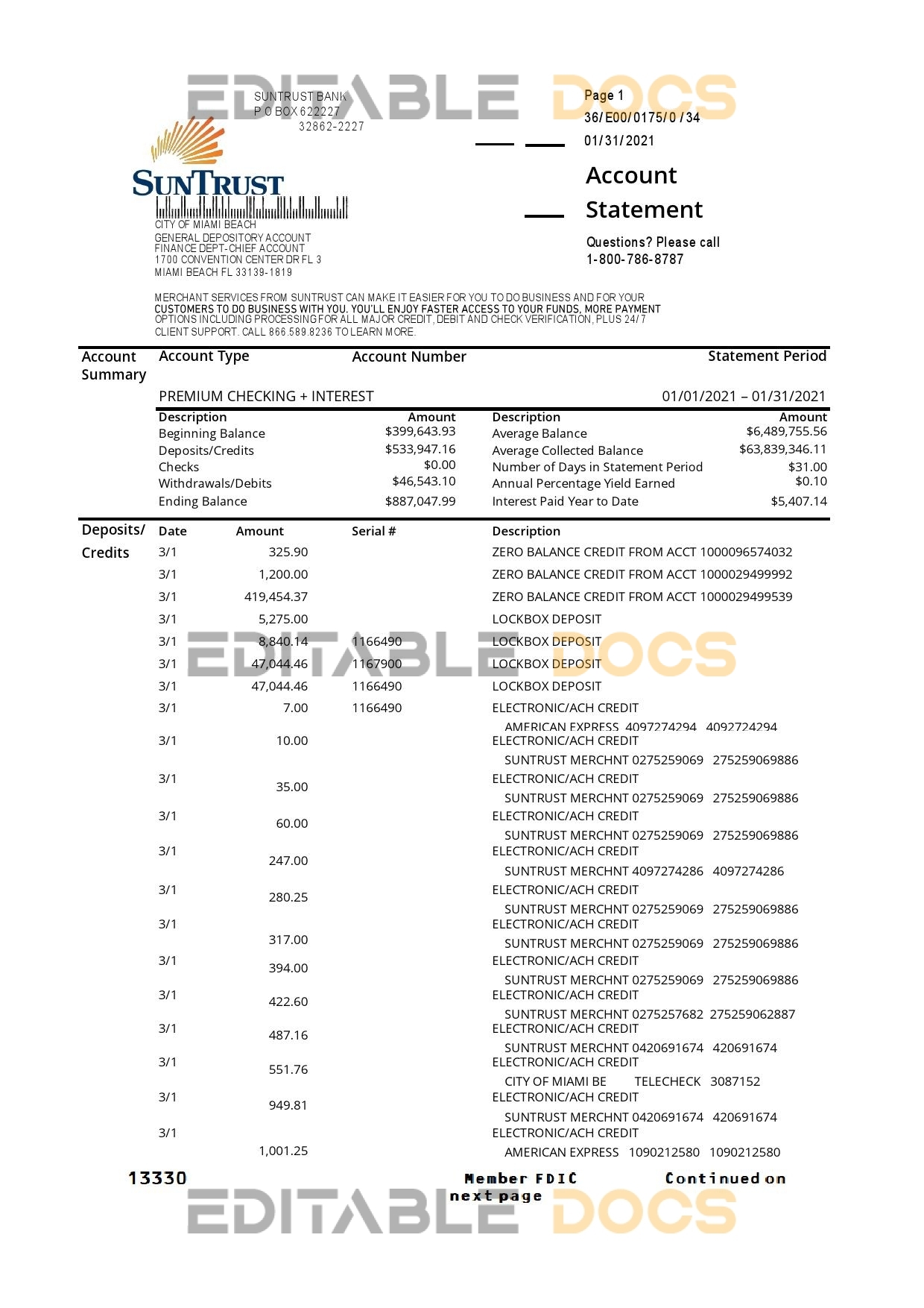 USA SunTrust bank proof of address statement template in .xls and .pdf format