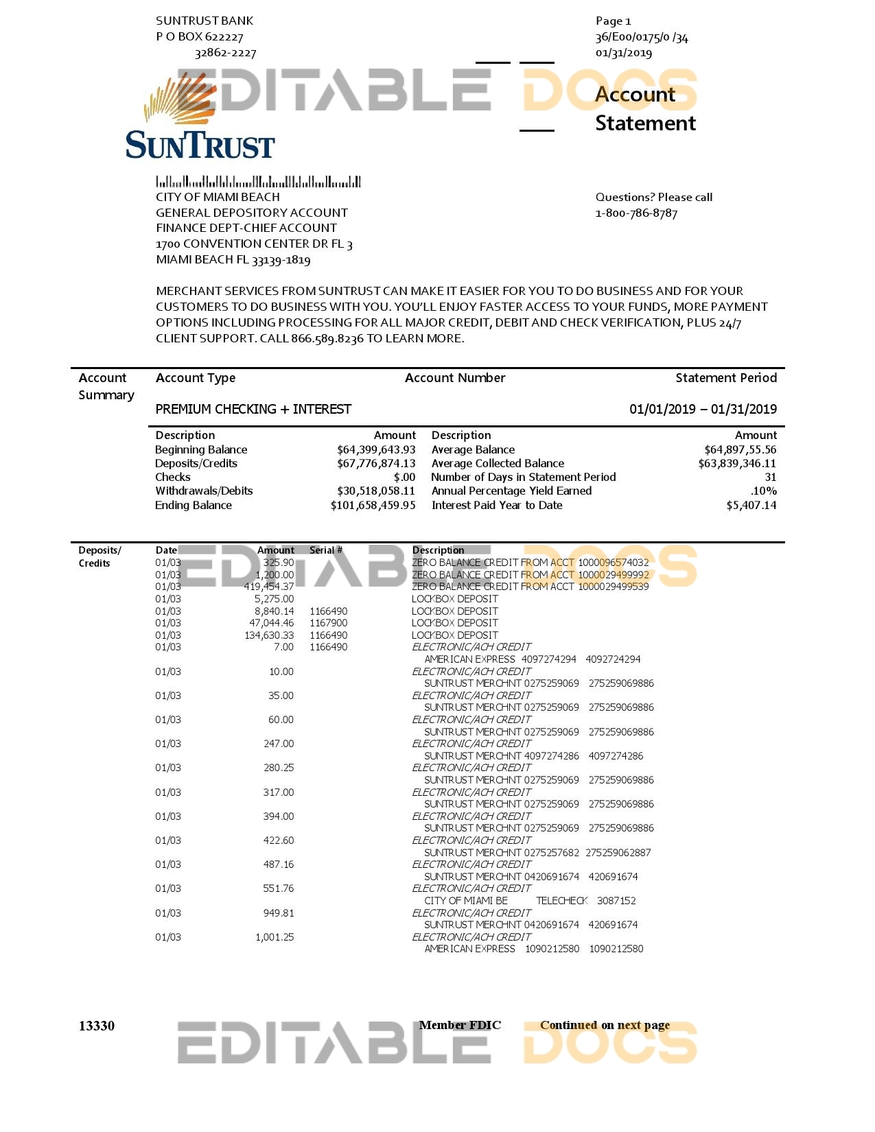 USA SunTrust bank proof of address statement template in Word and PDF format, .doc format