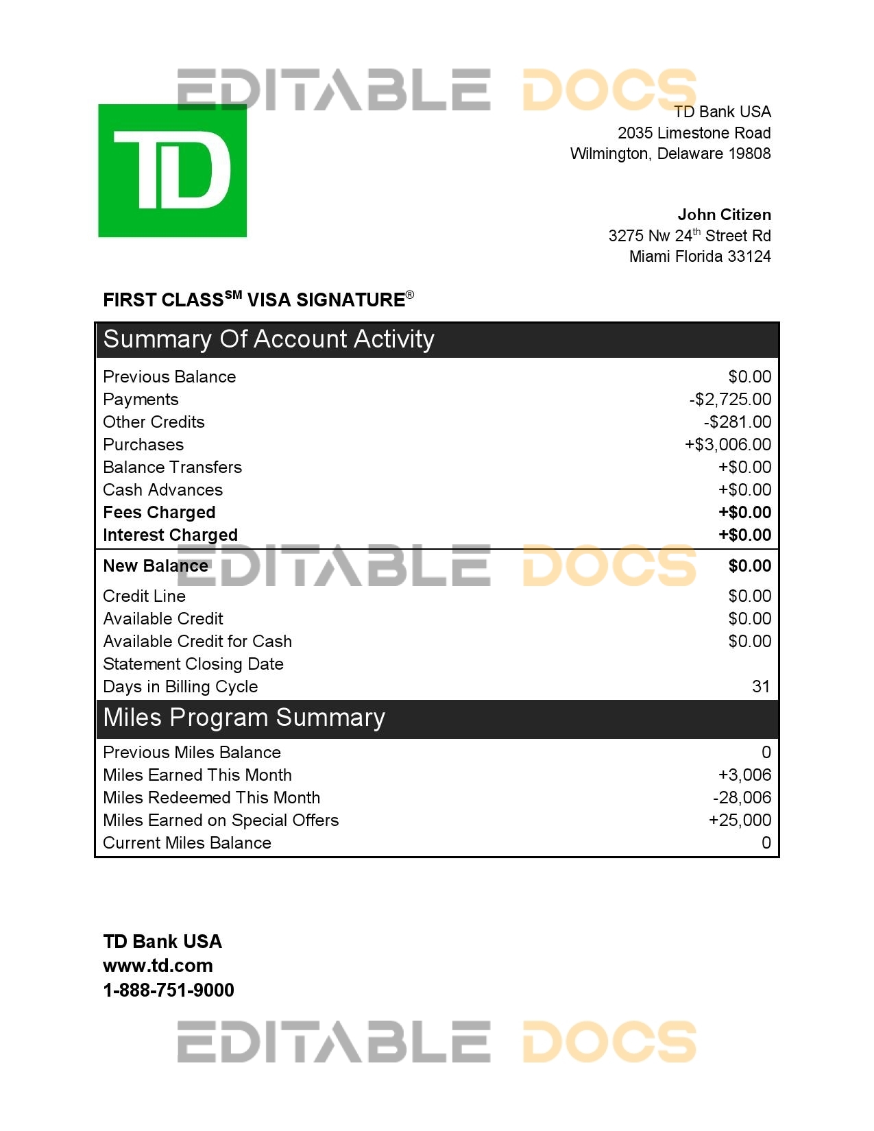 USA TD bank credit card statement template in Word and PDF format