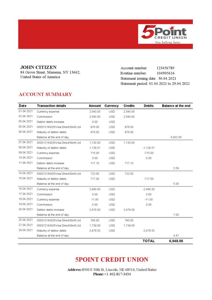 USA Texas 5Point bank statement template in Excel and PDF format