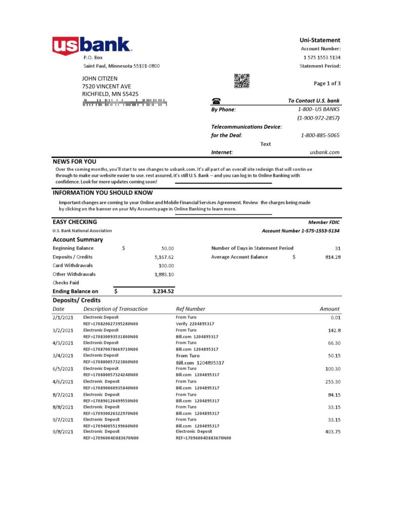 USA U.S. Bank statement template in Excel and PDF (.xls and .pdf file) format (3 pages)