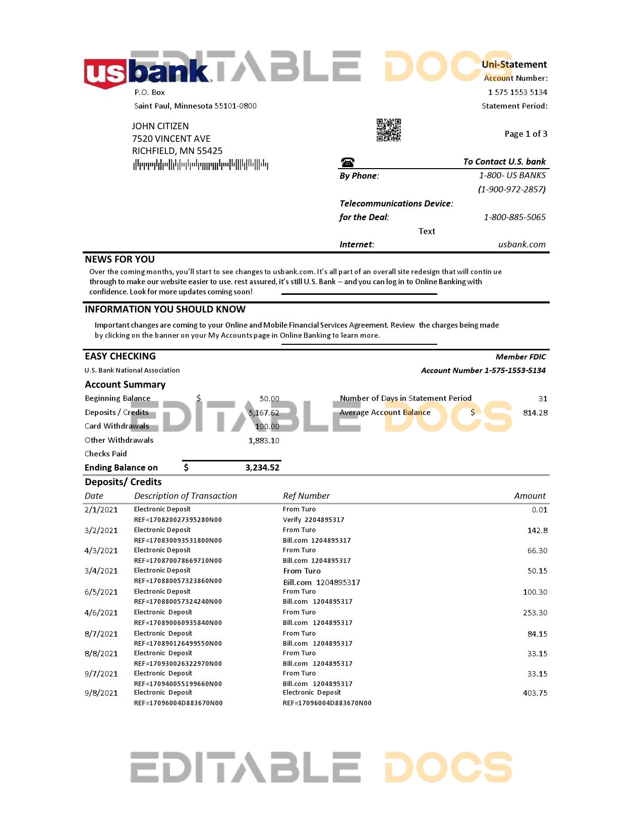 USA U.S. Bank statement template in Excel and PDF (.xls and .pdf file) format (3 pages)