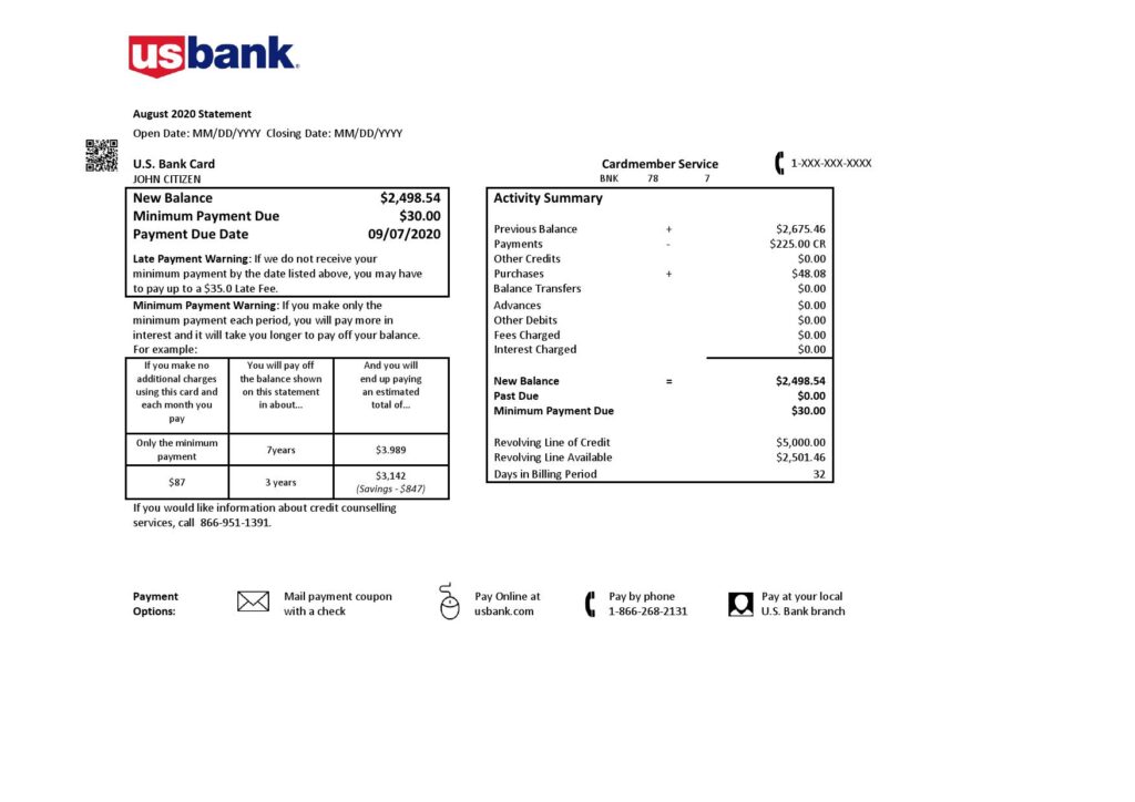 USA U.S. bank credit card statement template in .doc and .pdf format