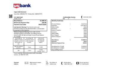 USA U.S. bank credit card statement template in .doc and .pdf format