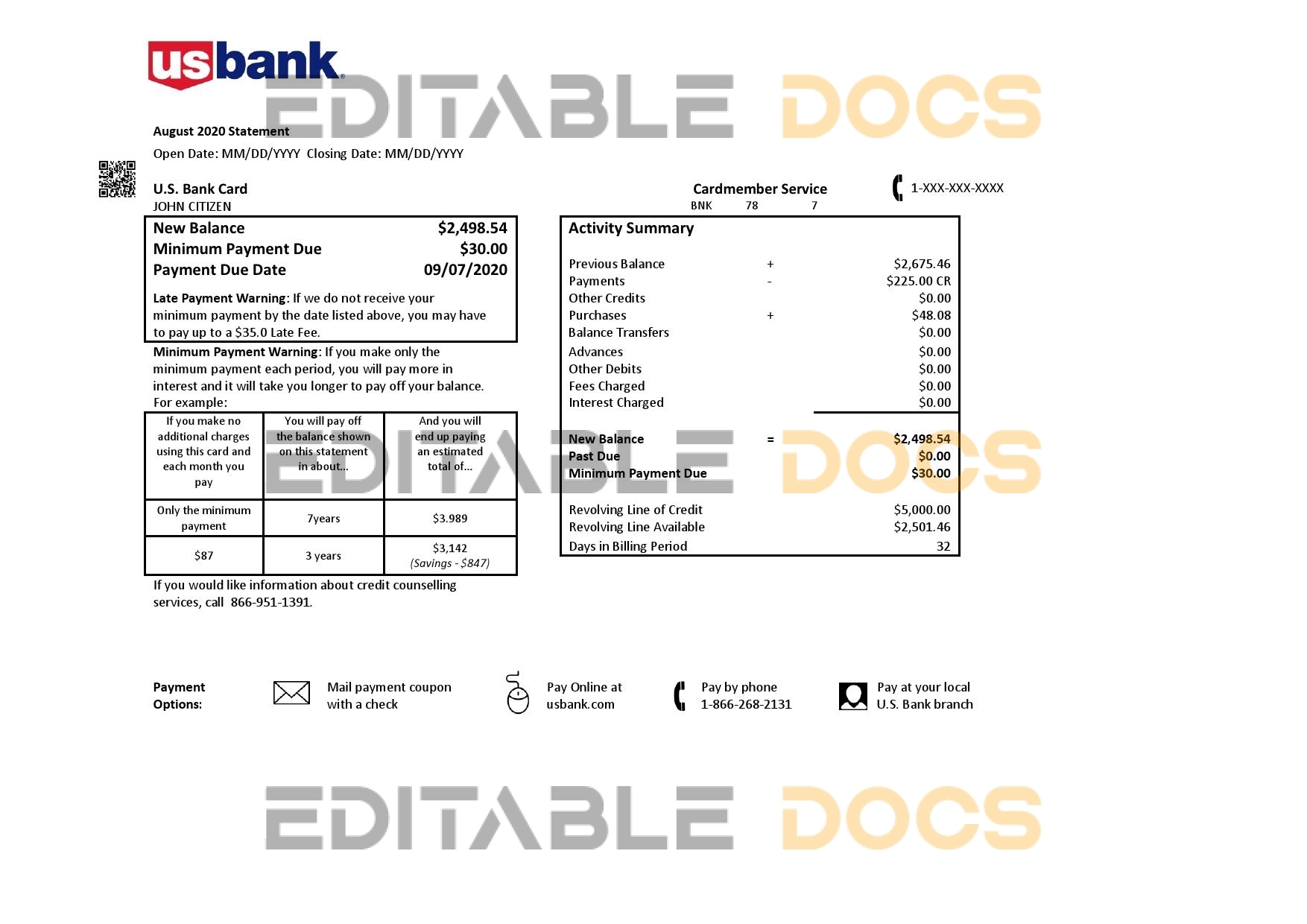 USA U.S. bank credit card statement template in .doc and .pdf format