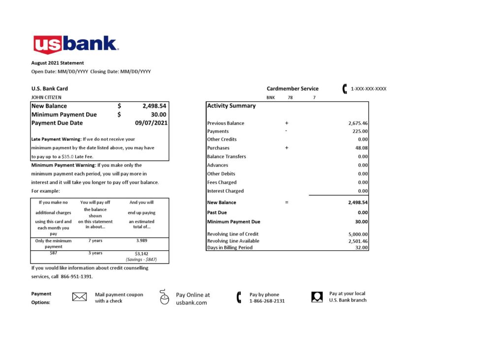 USA U.S. bank credit card statement template in .xls and .pdf file format