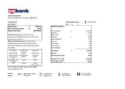 USA U.S. bank credit card statement template in .xls and .pdf file format