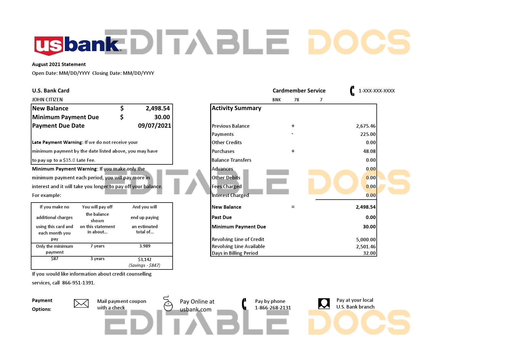 USA U.S. bank credit card statement template in .xls and .pdf file format