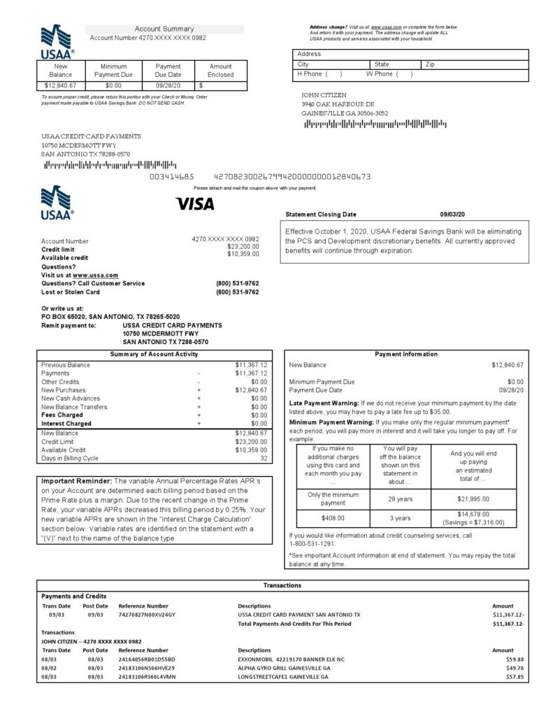 USA USAA bank Credit card statement template in Word and PDF format