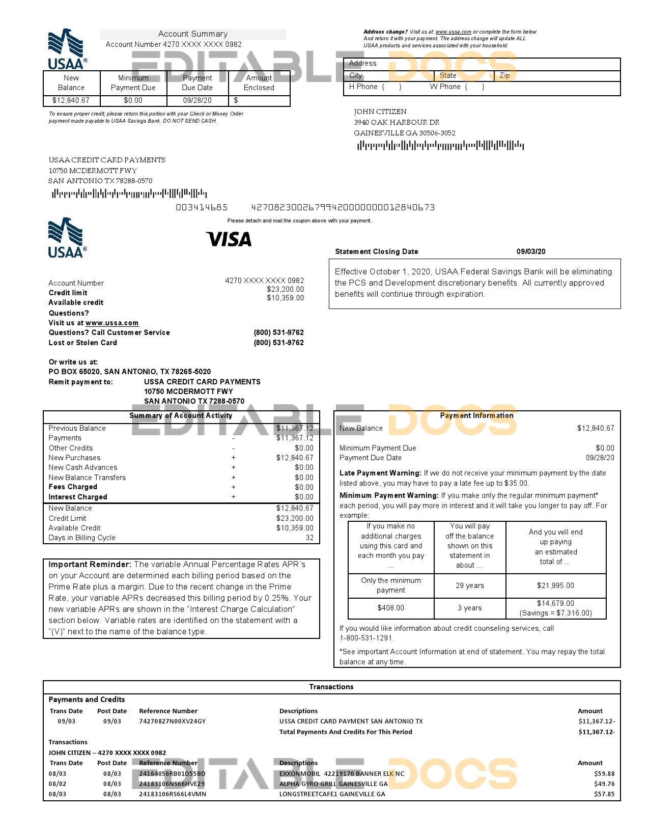 USA USAA bank Credit card statement template in Word and PDF format