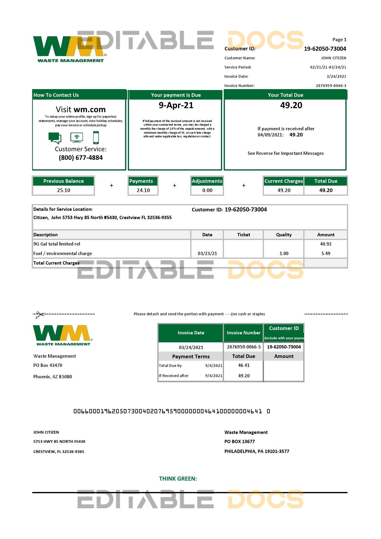 USA Waste Management bank statement template in Excel and PDF format