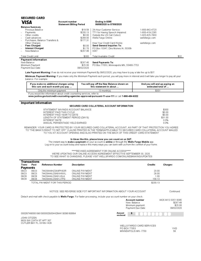 USA Wells Fargo bank credit card statement template in Word and PDF format