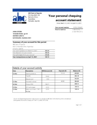 Uganda ABC Bank of Uganda bank statement template in Excel and PDF format