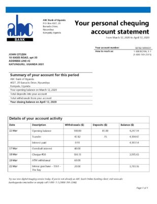Uganda ABC Bank of Uganda proof of address bank statement template in Word and PDF format (.doc and .pdf)