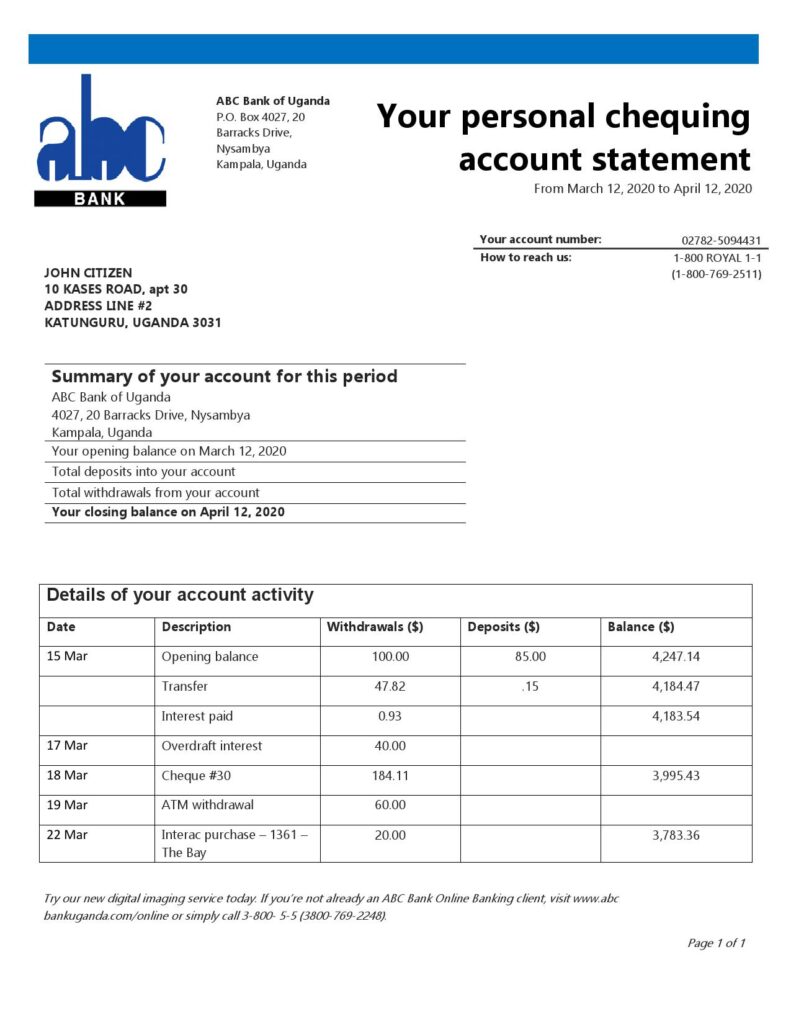 Uganda ABC Bank of Uganda proof of address bank statement template in Word and PDF format (.doc and .pdf)