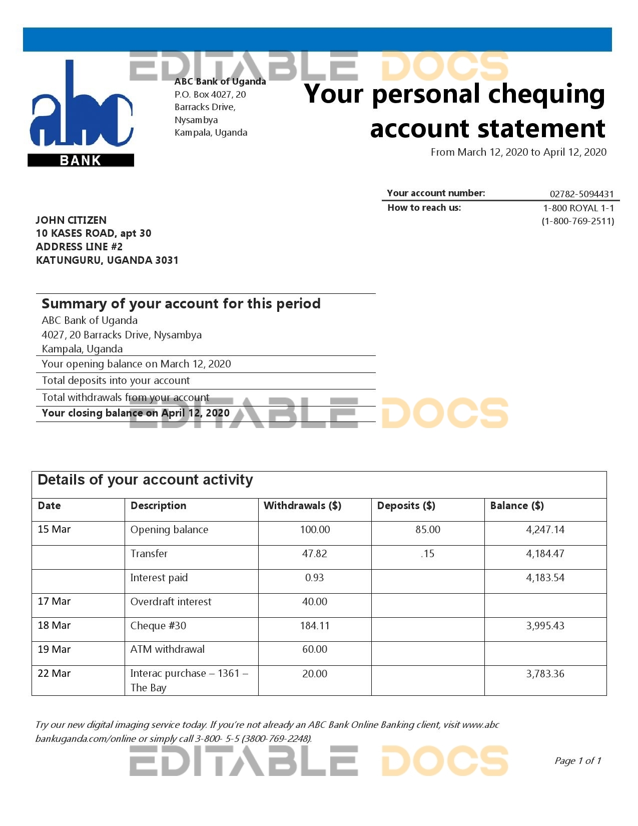 Uganda ABC Bank of Uganda proof of address bank statement template in Word and PDF format (.doc and .pdf)