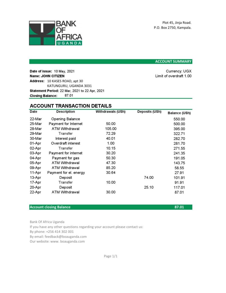 Uganda Bank of Africa bank statement template in .xls and .pdf file format