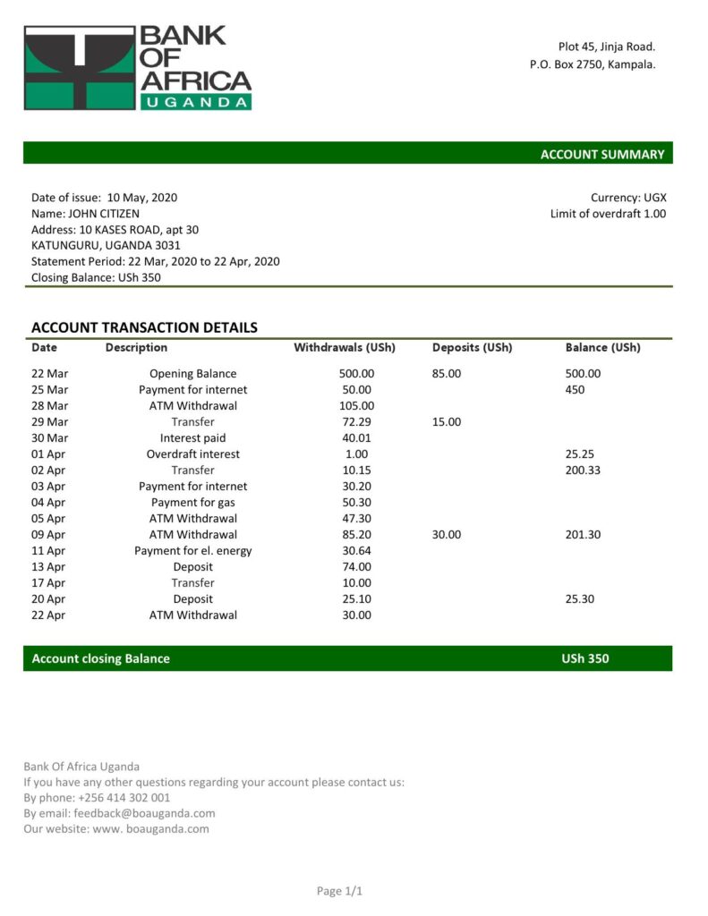 Uganda Bank of Africa proof of address bank statement template in Word and PDF format
