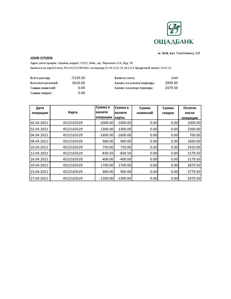 Ukraine Oshadbank bank statement easy to fill template in Excel and PDF format