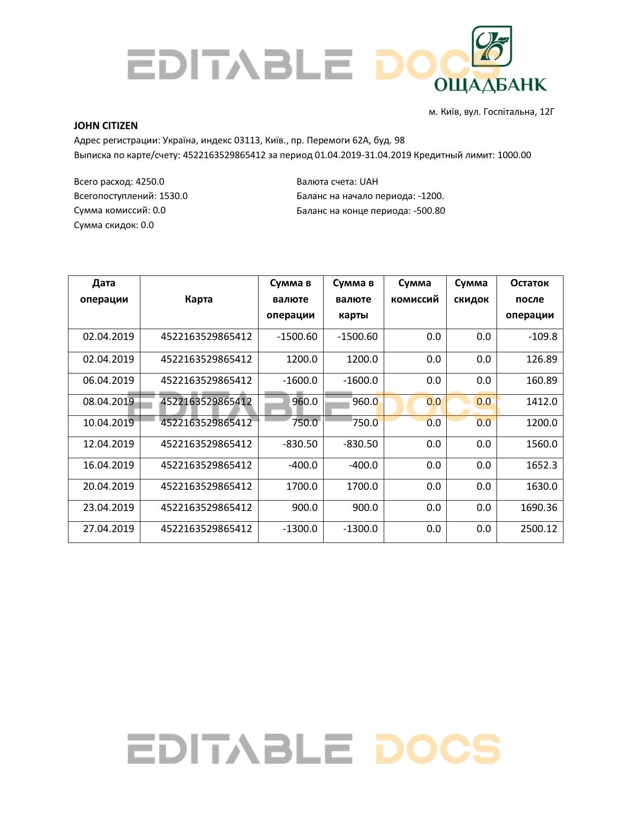 Ukraine Oshadbank statement template in Word and PDF format