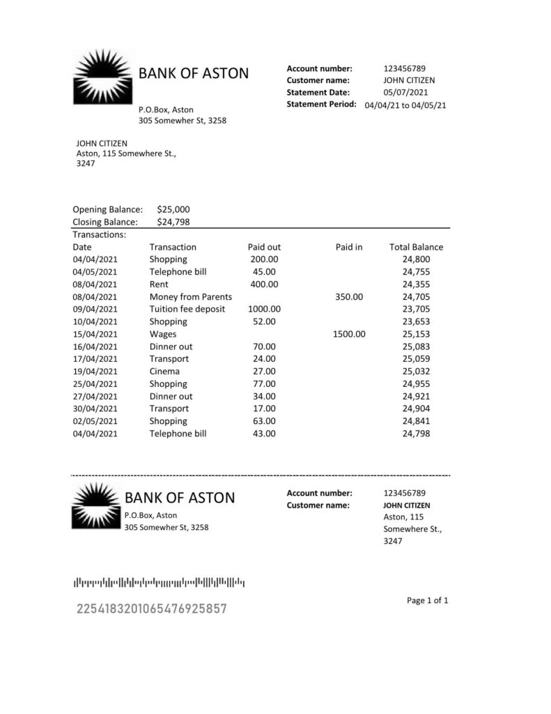 United Kingdom Bank of Aston bank statement easy to fill template in Excel and PDF format