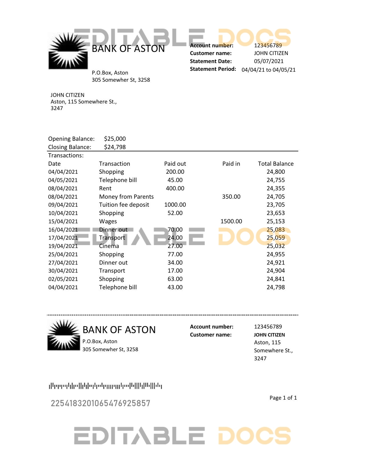 United Kingdom Bank of Aston bank statement easy to fill template in Excel and PDF format