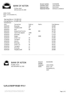 United Kingdom Bank of Aston bank statement template in Word and PDF format, good for address prove
