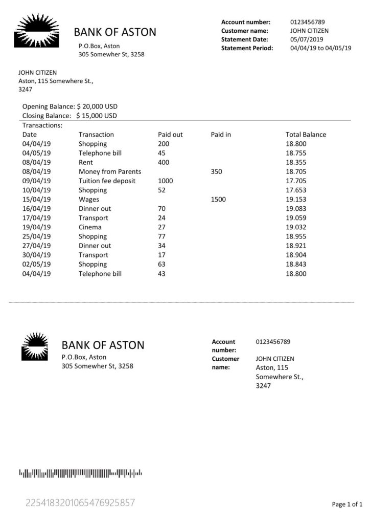 United Kingdom Bank of Aston bank statement template in Word and PDF format, good for address prove
