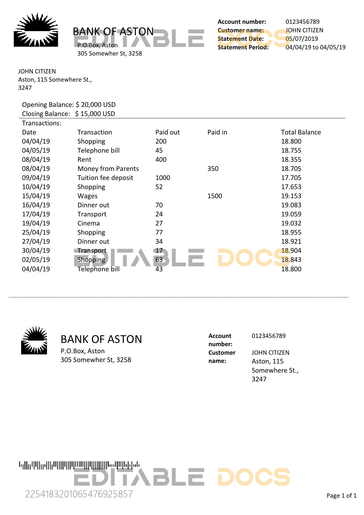 United Kingdom Bank of Aston bank statement template in Word and PDF format, good for address prove