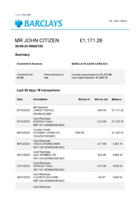 United Kingdom Barclays bank statement template in Word and PDF format, version 3 (2 pages)