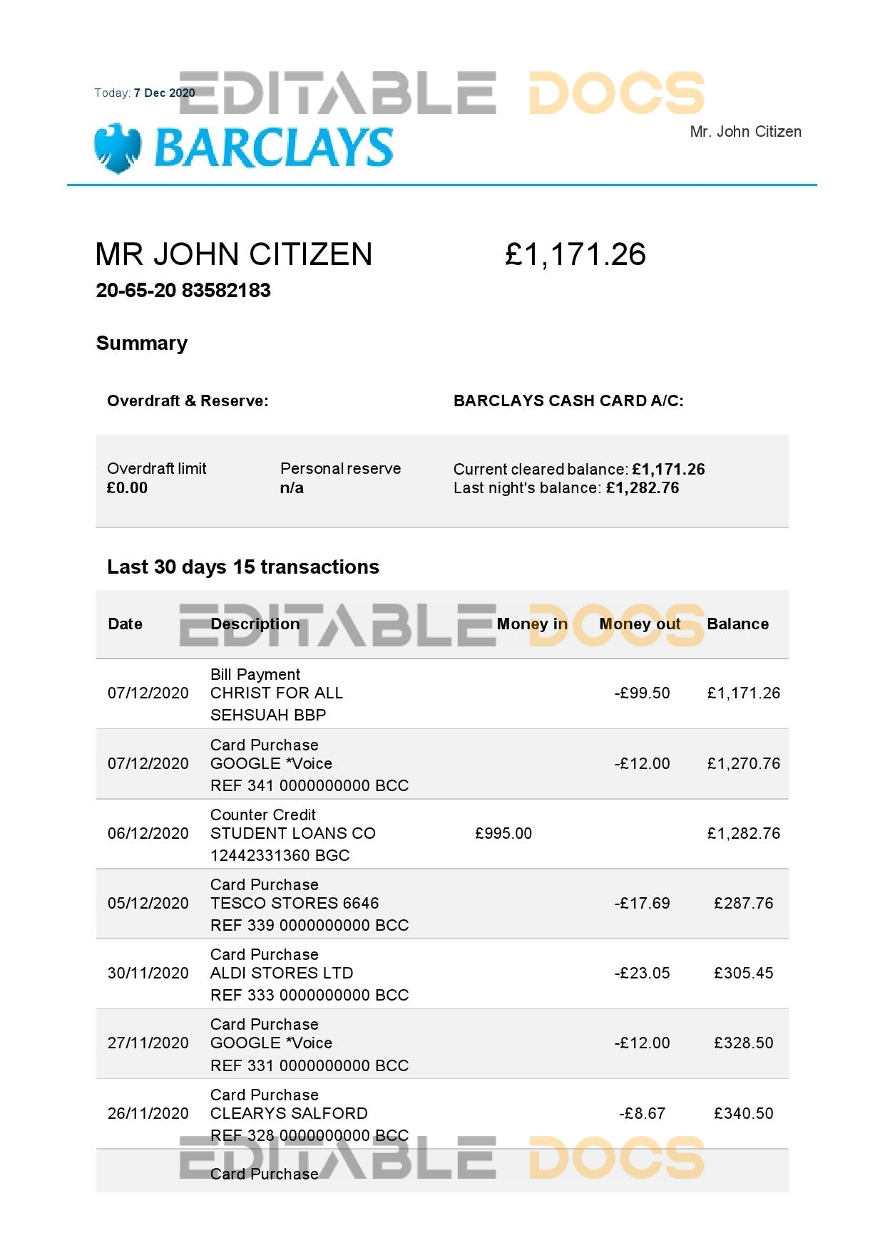 United Kingdom Barclays bank statement template in Word and PDF format, version 3 (2 pages)