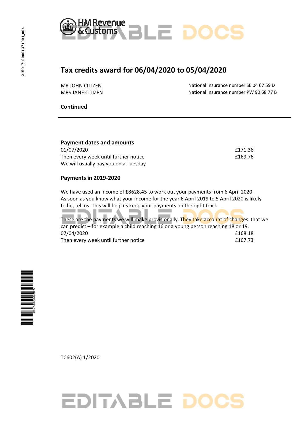 United Kingdom HM Revenue & Customs bank statement easy to fill template in Word and PDF format