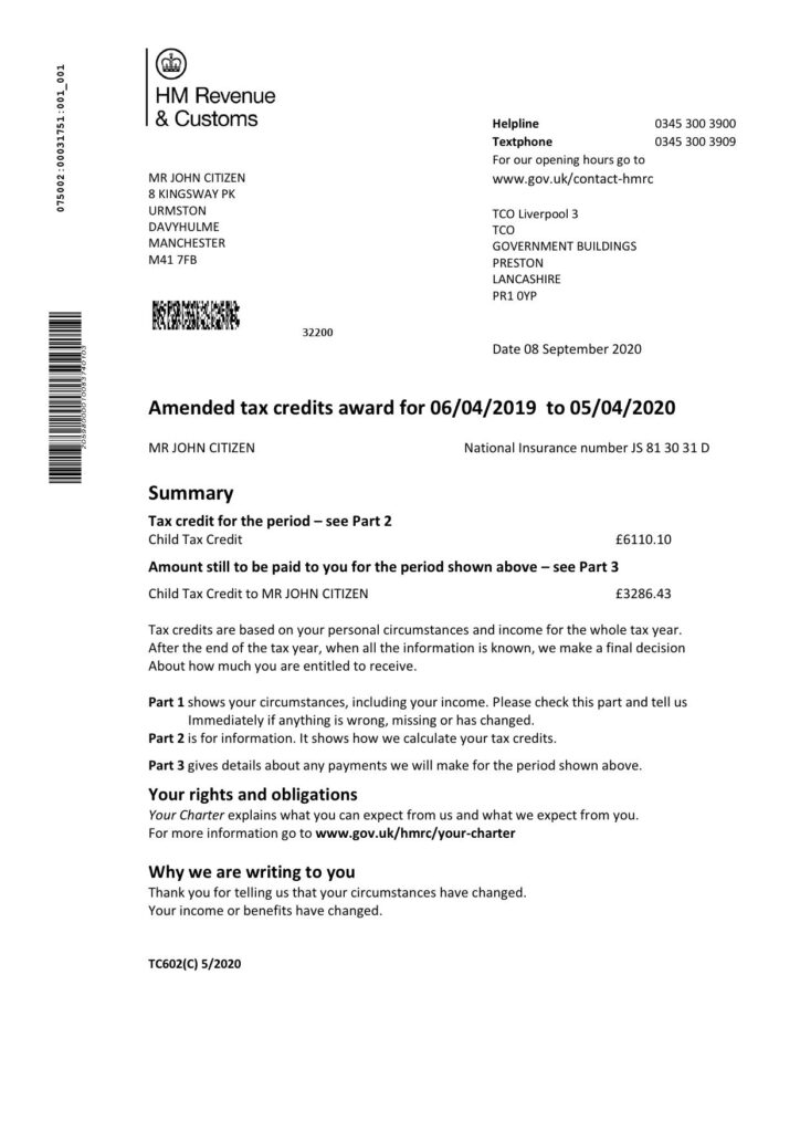 United Kingdom HM Revenue & Customs tax credits award statement template in Word and PDF format (.doc and .pdf)