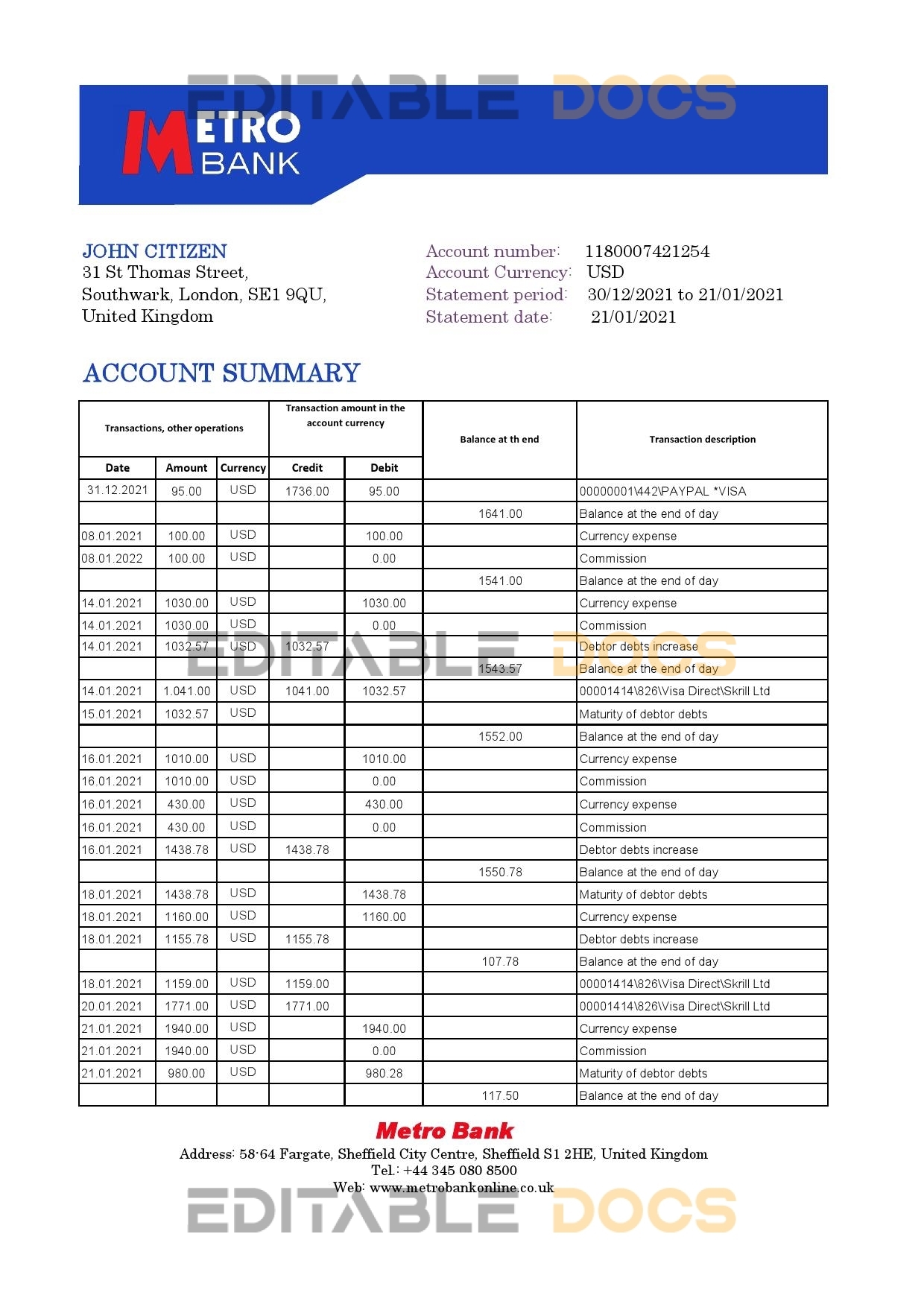 United Kingdom Metro bank statement template in Excel and PDF format