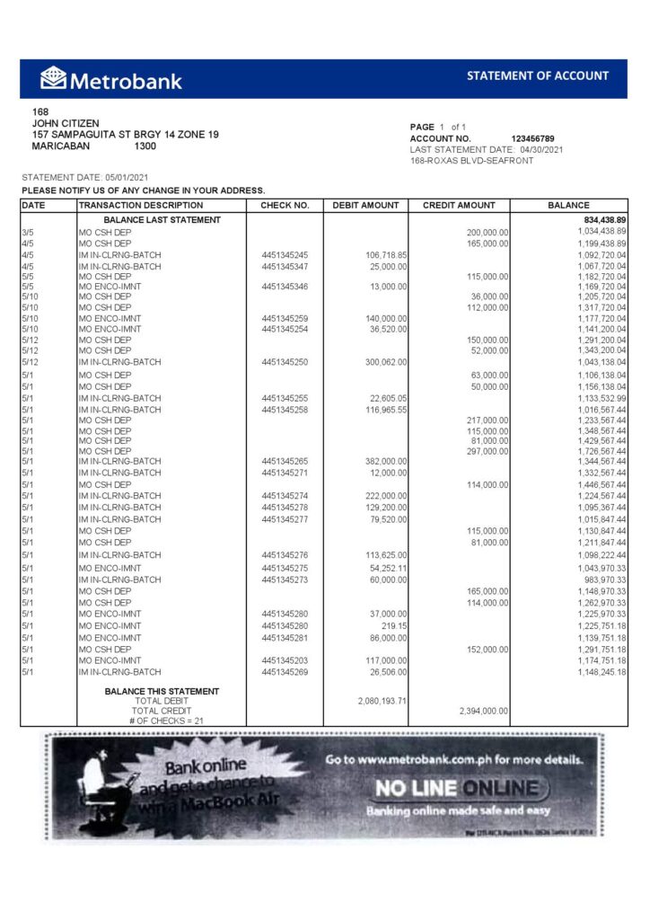 United Kingdom Metrobank bank statement template in Excel and PDF format