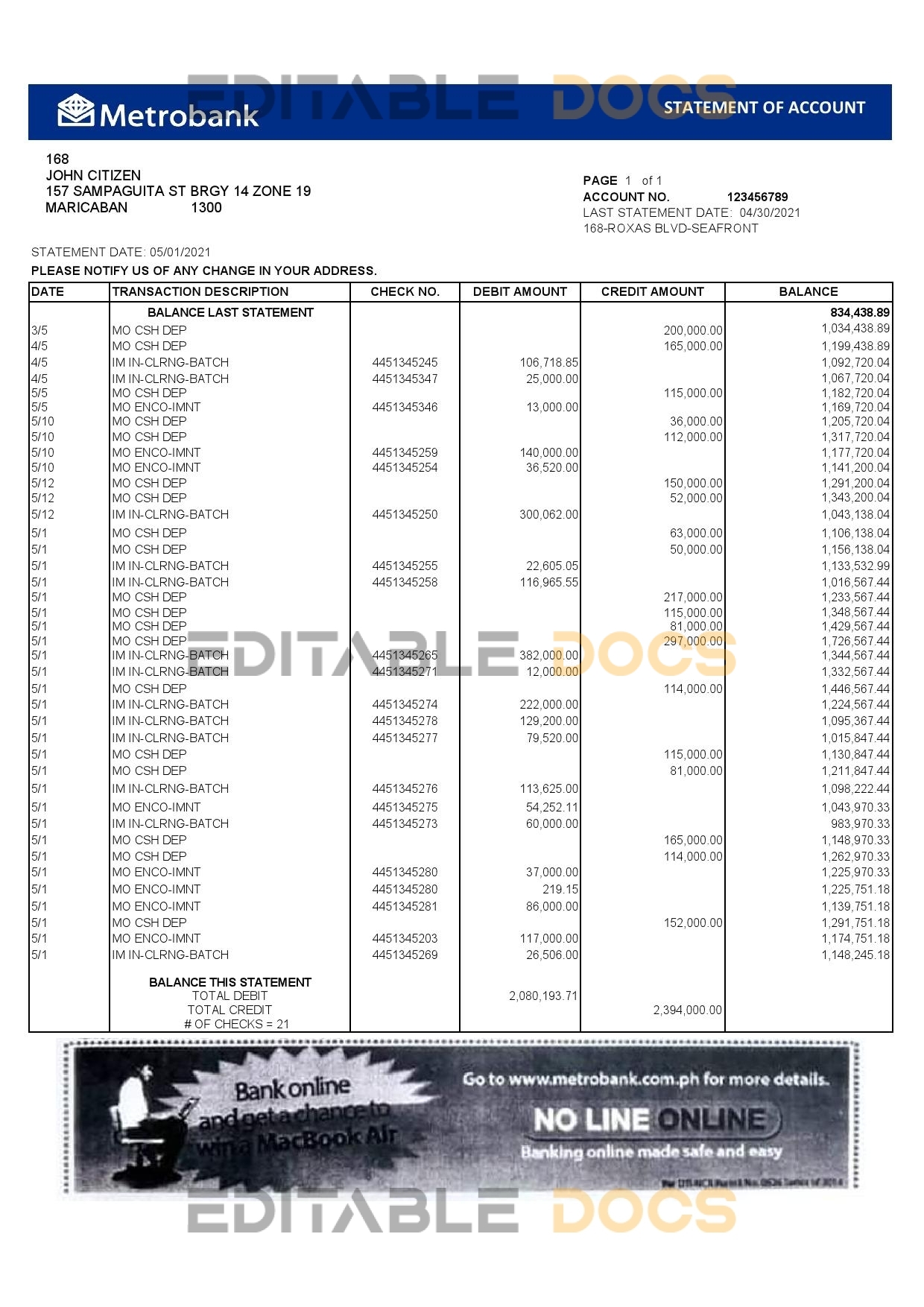 United Kingdom Metrobank bank statement template in Excel and PDF format