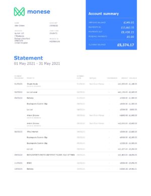 England Editable Templates 16 United Kingdom Monese bank statement template in Word and PDF format, 2 pages