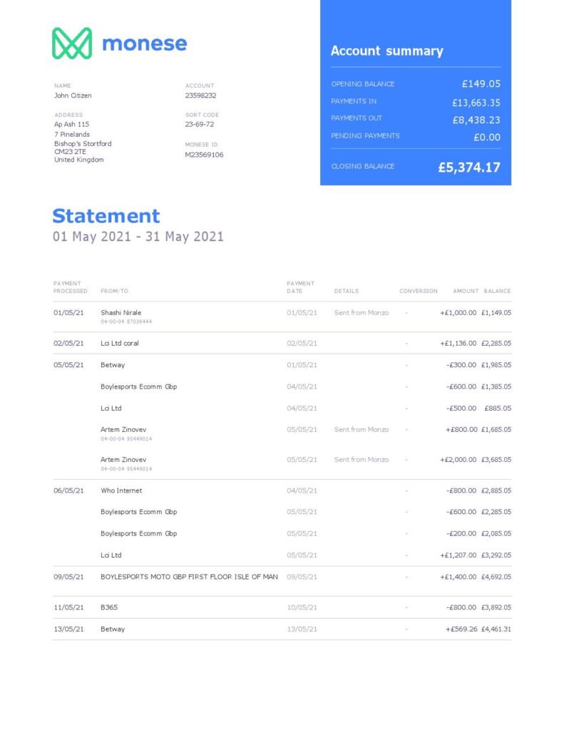 United Kingdom Monese bank statement template in Word and PDF format, 2 pages