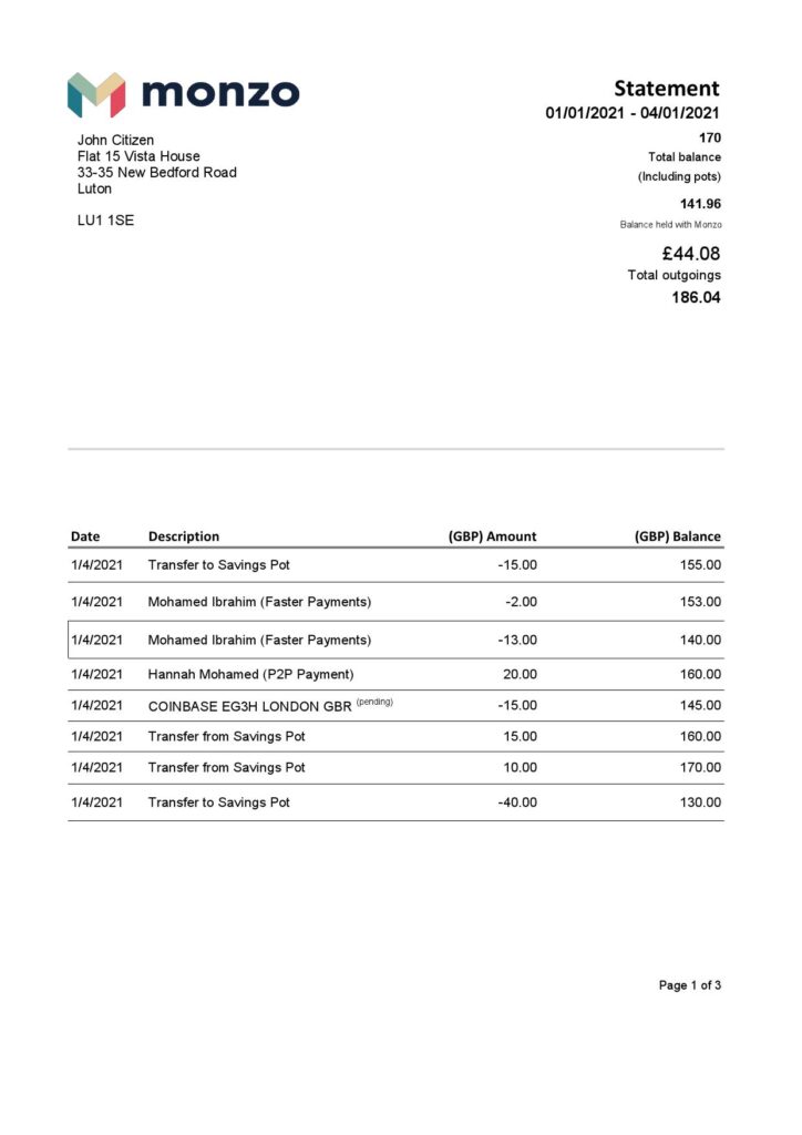United Kingdom Monzo bank statement template in Excel and PDF format (3 pages)