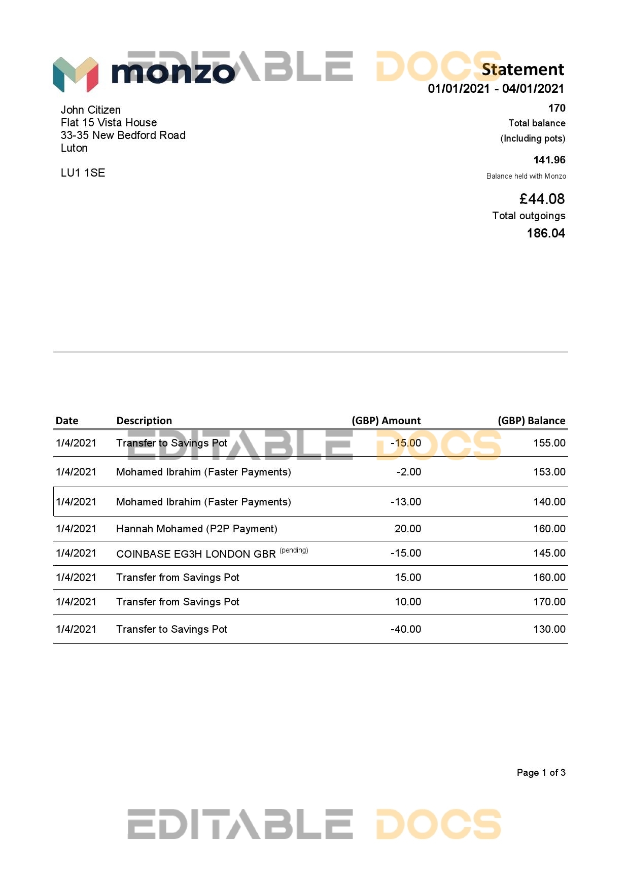 United Kingdom Monzo bank statement template in Excel and PDF format (3 pages)