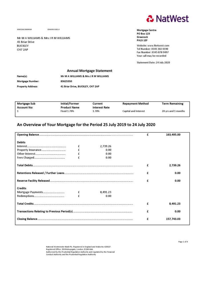 United Kingdom NatWest bank proof of address statement in Word and PDF format (.doc and .pdf)