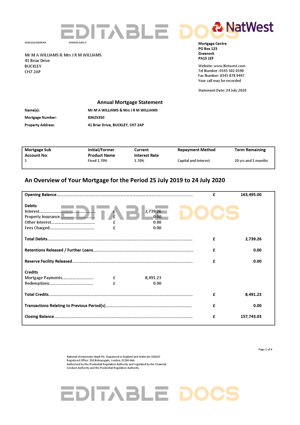 United Kingdom NatWest bank proof of address statement in Word and PDF format (.doc and .pdf)