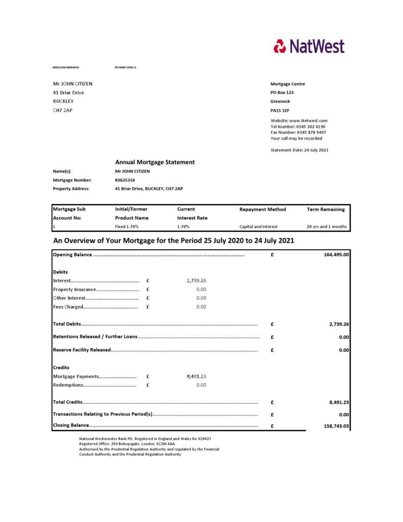 United Kingdom NatWest bank statement template in .xls and .pdf file format