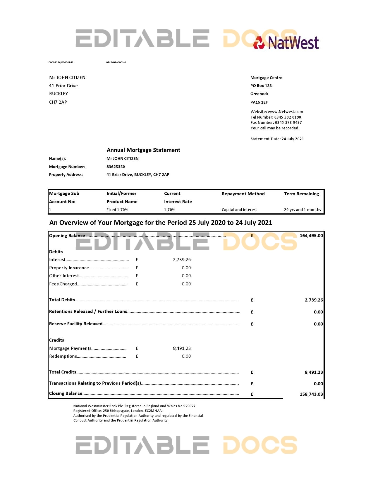 United Kingdom NatWest bank statement template in .xls and .pdf file format
